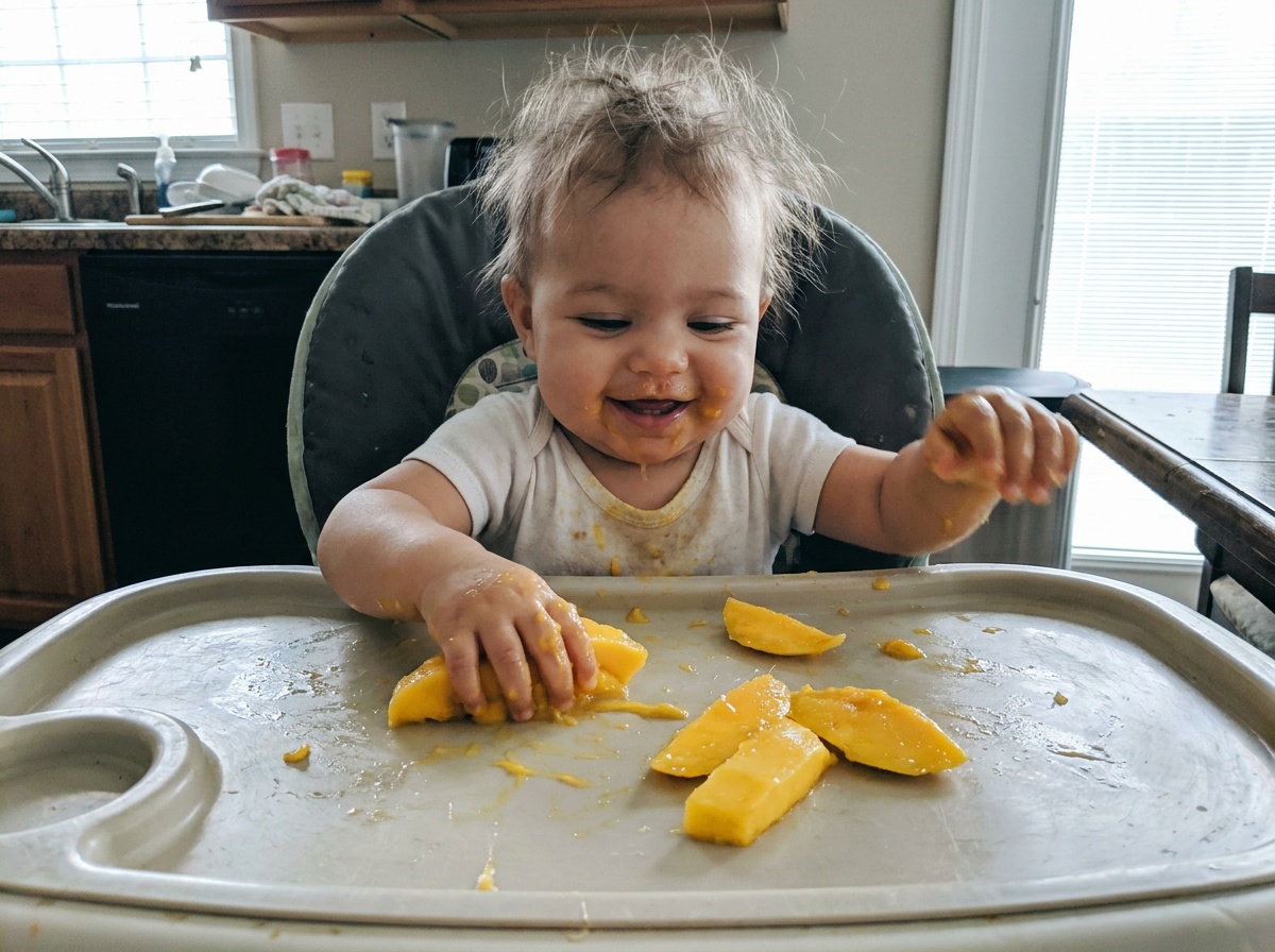 A happy baby enjoying mango