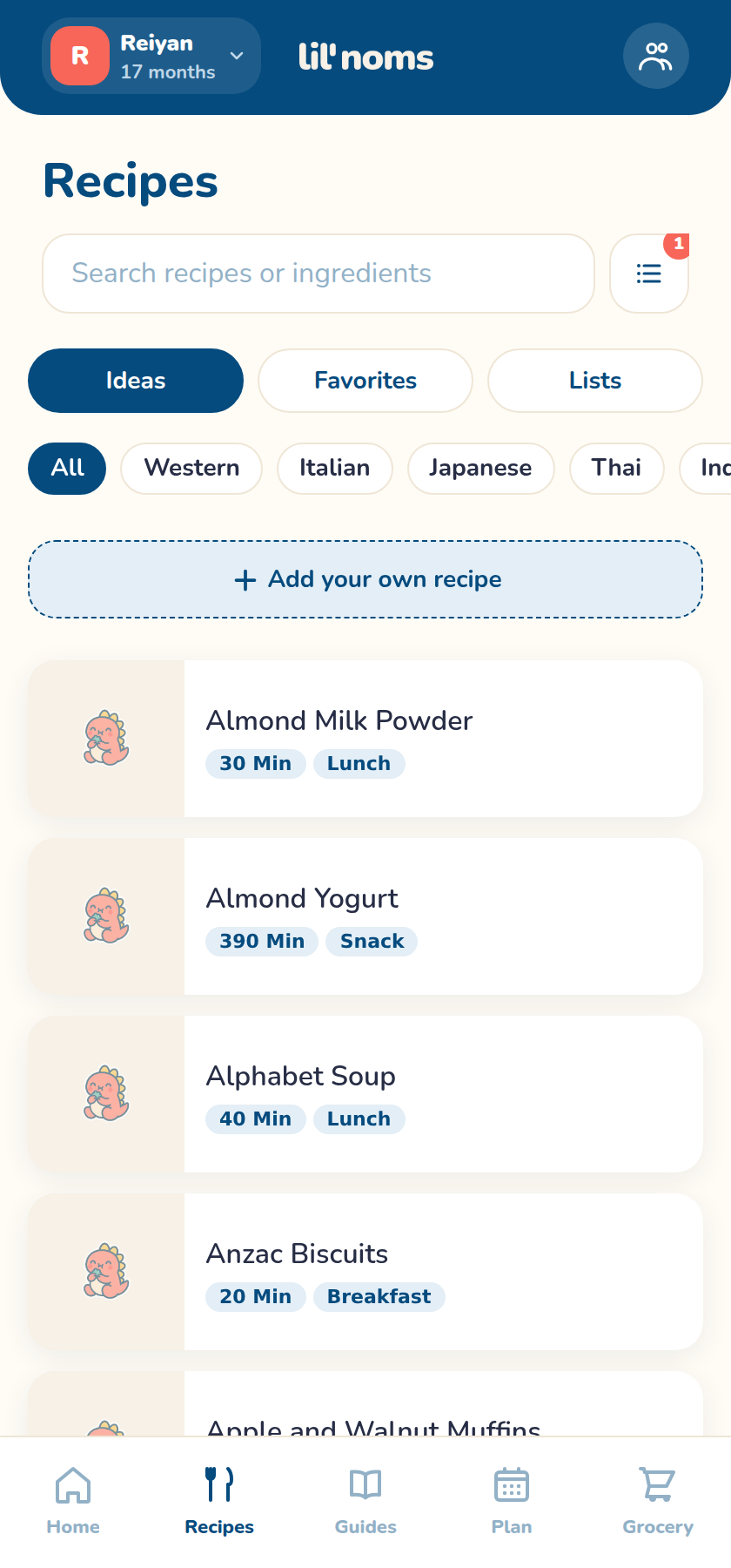 App recipe library screen